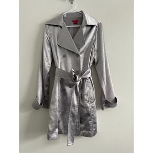 Vintage Y2K 90s Sunny Leigh Trench Coat Women 8 Silver Satin FuturisttMaximalist